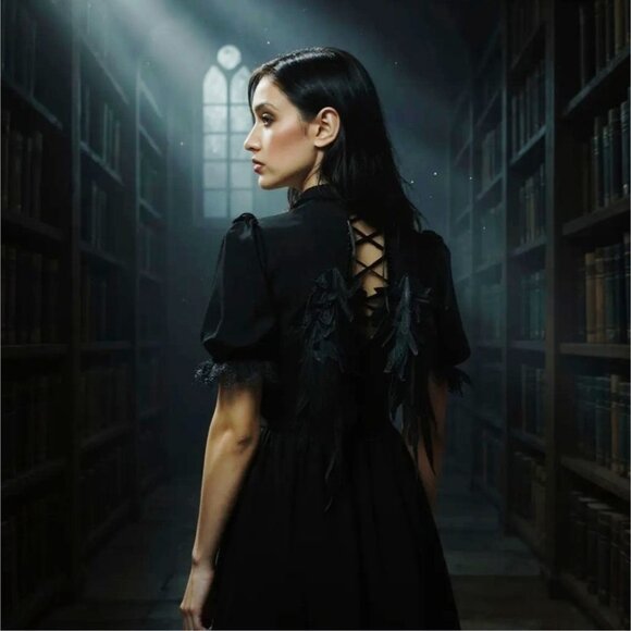 Angel Wing Doll Mini Dress Black Gothic Lace Up Back Puff Sleeve Elegant Alt S - Picture 4 of 8